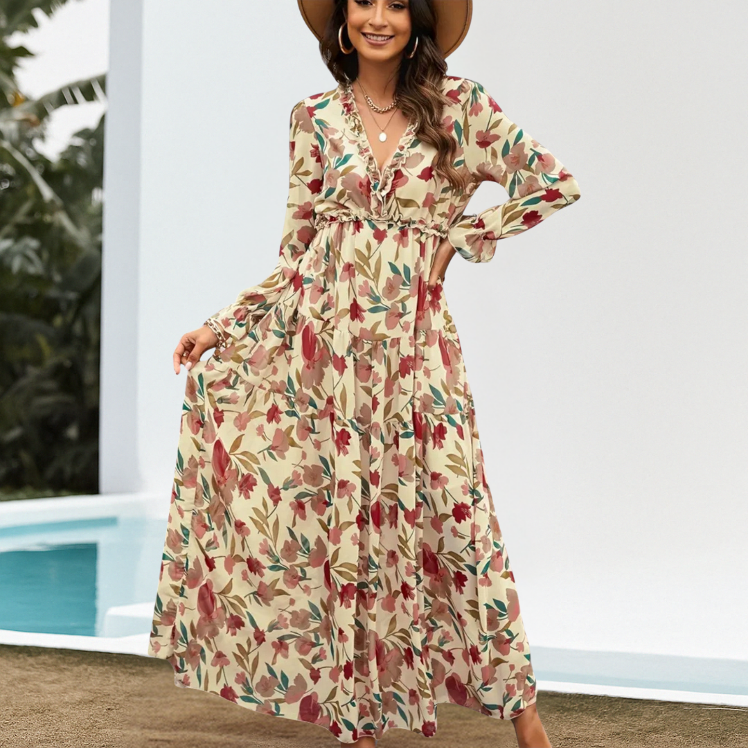 Floral Print Deep V-Neck Dress with Long Sleeves
