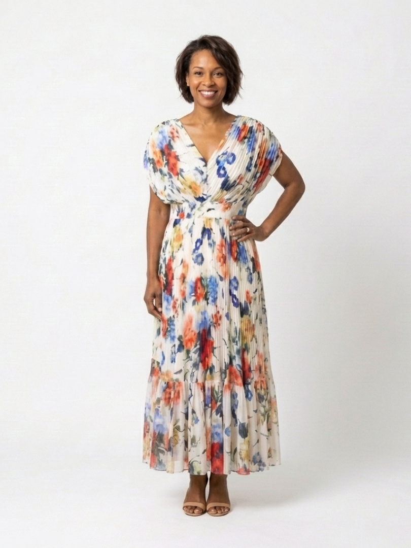 Vestido midi floral plisado con escote de pico