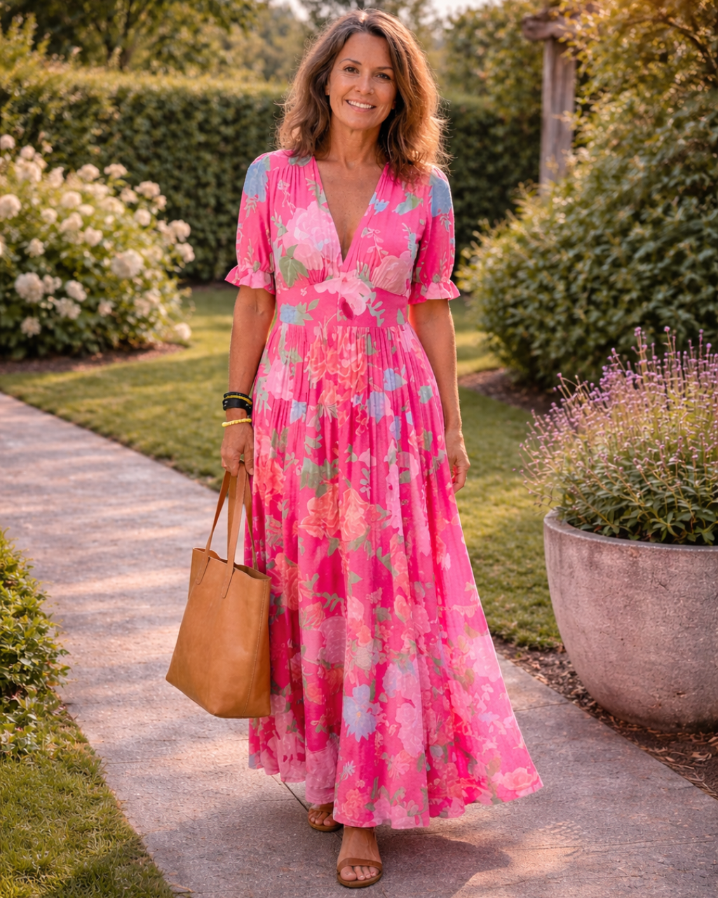 Vestido midi de estampado floral con cuello de pico y manga corta