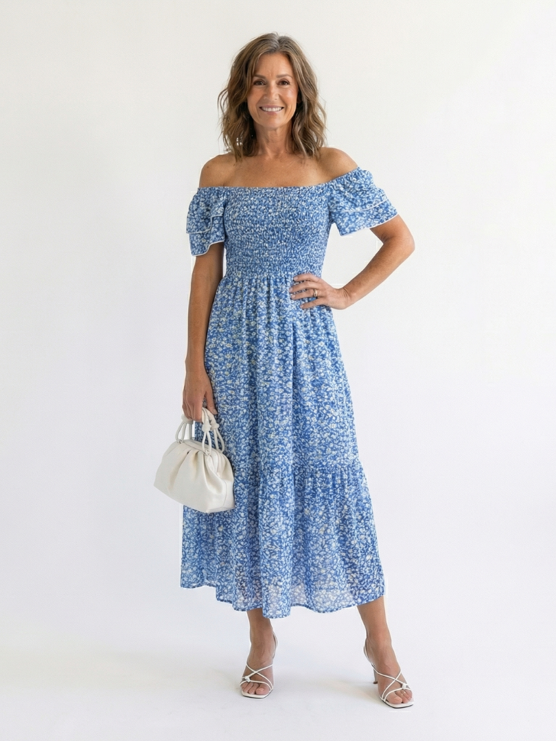 Off shoulder-midiklänning med blommönster och smockat liv