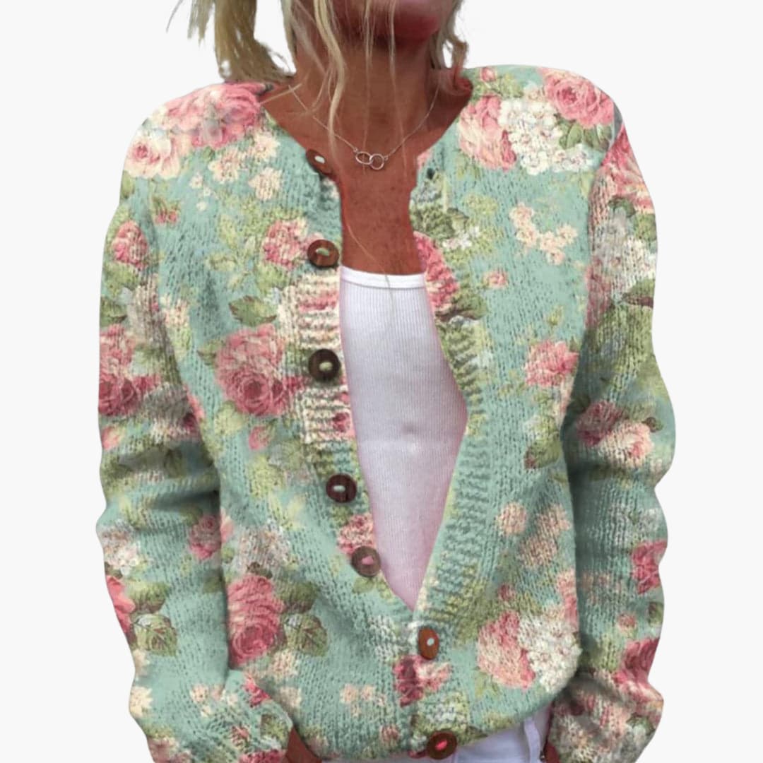 Floral Knit Cardigan with Button Up Front and Ribbed Hem