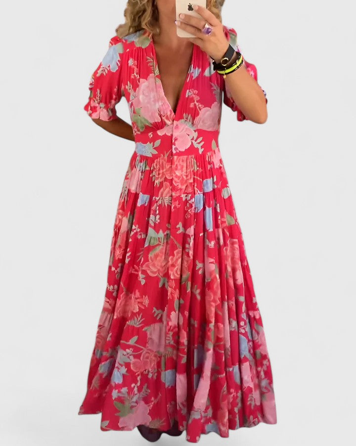 Floral V-Neck Summer Dress with Pockets