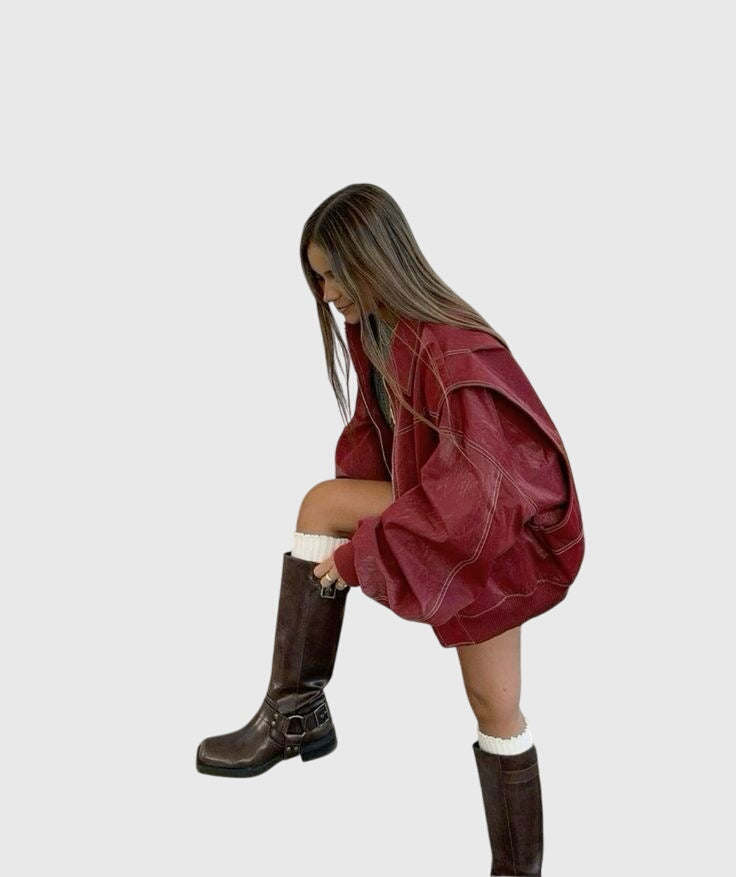Oversized Leather Look Jacket in Bold Red