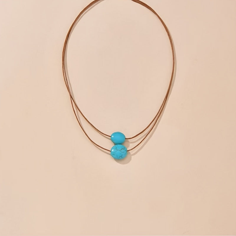 Vintage Double-Layer Blue-Green Beaded Necklace with Boho Charm