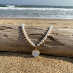Faux Pearl Bead Necklace with Heart Pendant in Gold Colour