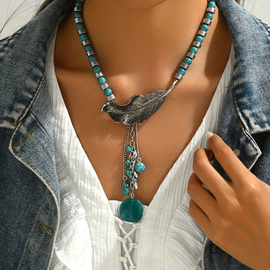 Vintage Bohemian Blue-Green Bead Leaf Pendant Necklace