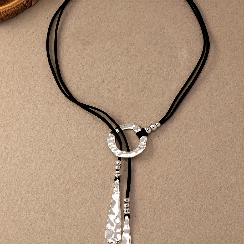 Western Hammered Drop Necklace in Silver Colour with Rustic Texture