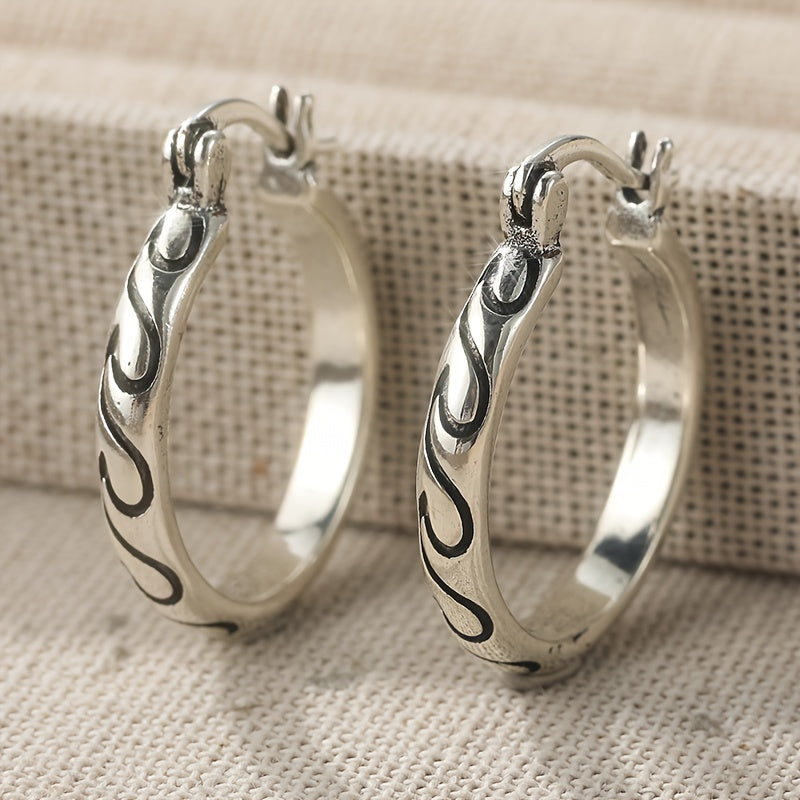 Vintage Textured Boho Hoop Earrings in Silver Colour