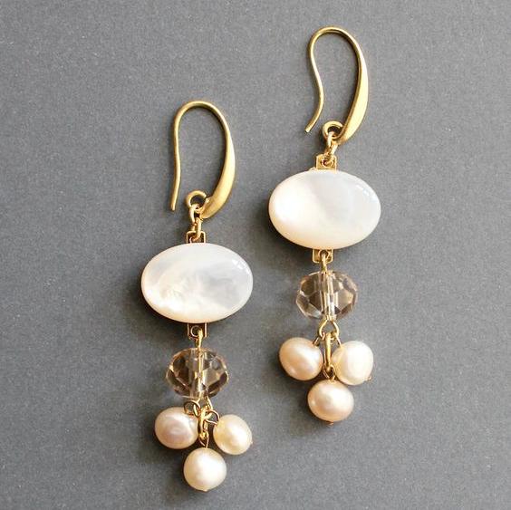 White Stone and Faux Pearl Cluster Leverback Earrings