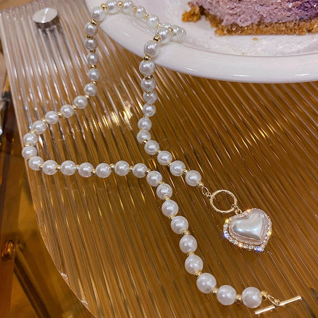 Faux Pearl Bead Necklace with Heart Pendant in Gold Colour