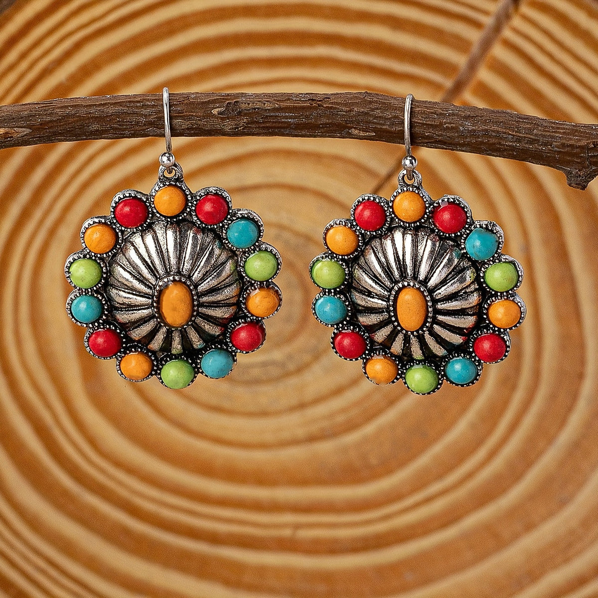 Vintage Sunburst Multi-Stone Statement Earrings with Bold Colour