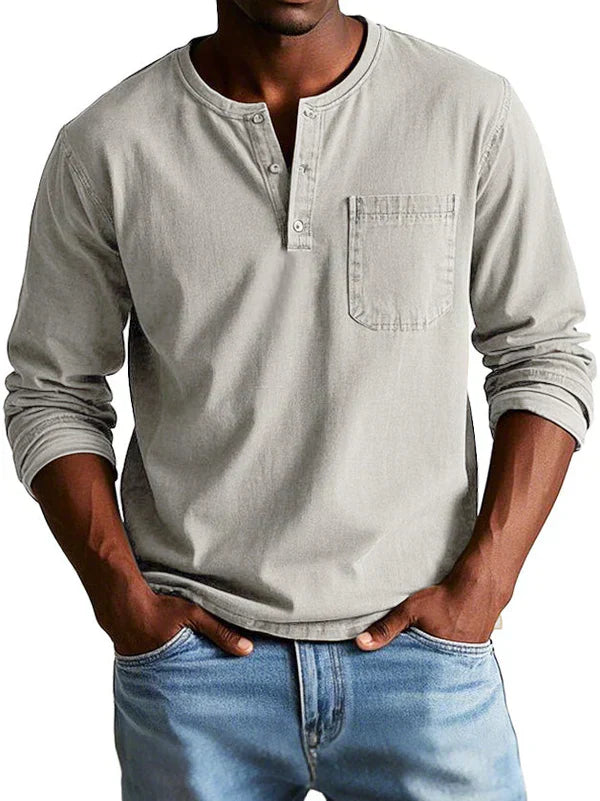 Men's Long-Sleeve Henley Shirt with Button Neckline