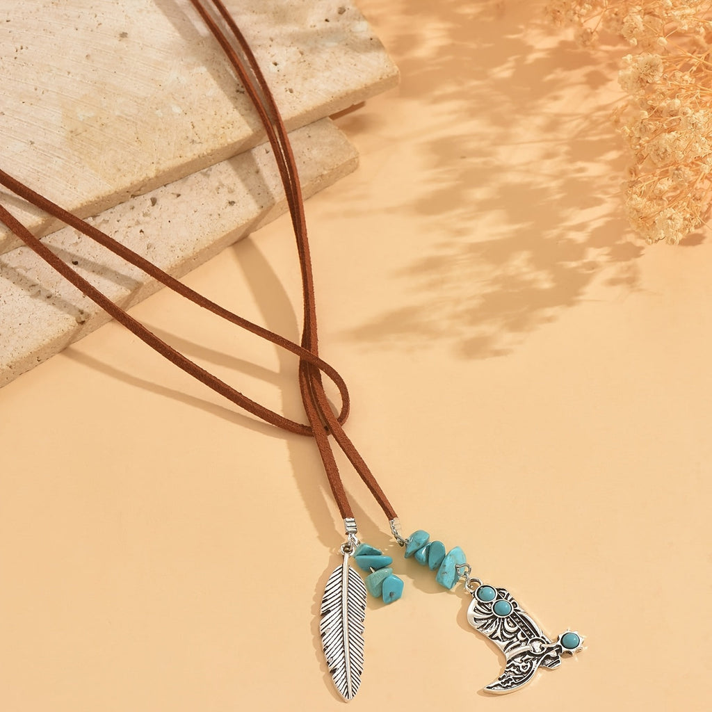 Vintage Bohemian Blue-Green Feather Pendant Layered Necklace