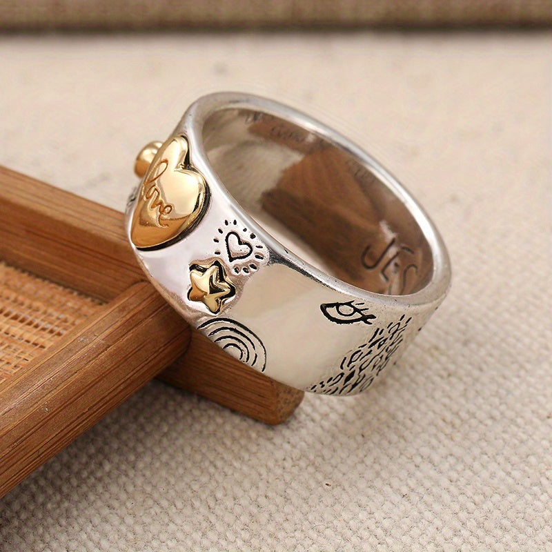 Vintage-Style Two-Tone Love Message Band Ring with Engraved Words