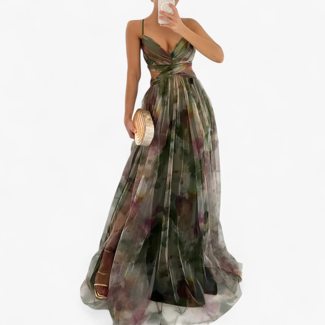 Vestido largo con estampado de acuarela en tejido ligero y fluido