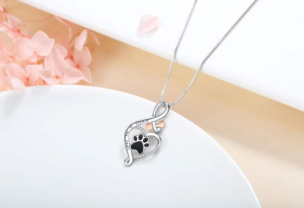 Paw and Heart Pendant Necklace with Bone Charm for Dog Lovers