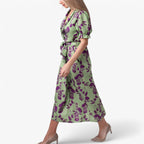 V-Neck Floral Print Dress with Short Sleeves and Soft Drape