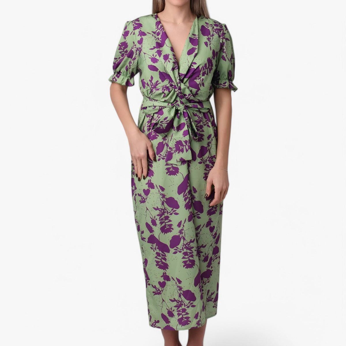 V-Neck Floral Print Dress with Short Sleeves and Soft Drape