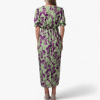 V-Neck Floral Print Dress with Short Sleeves and Soft Drape