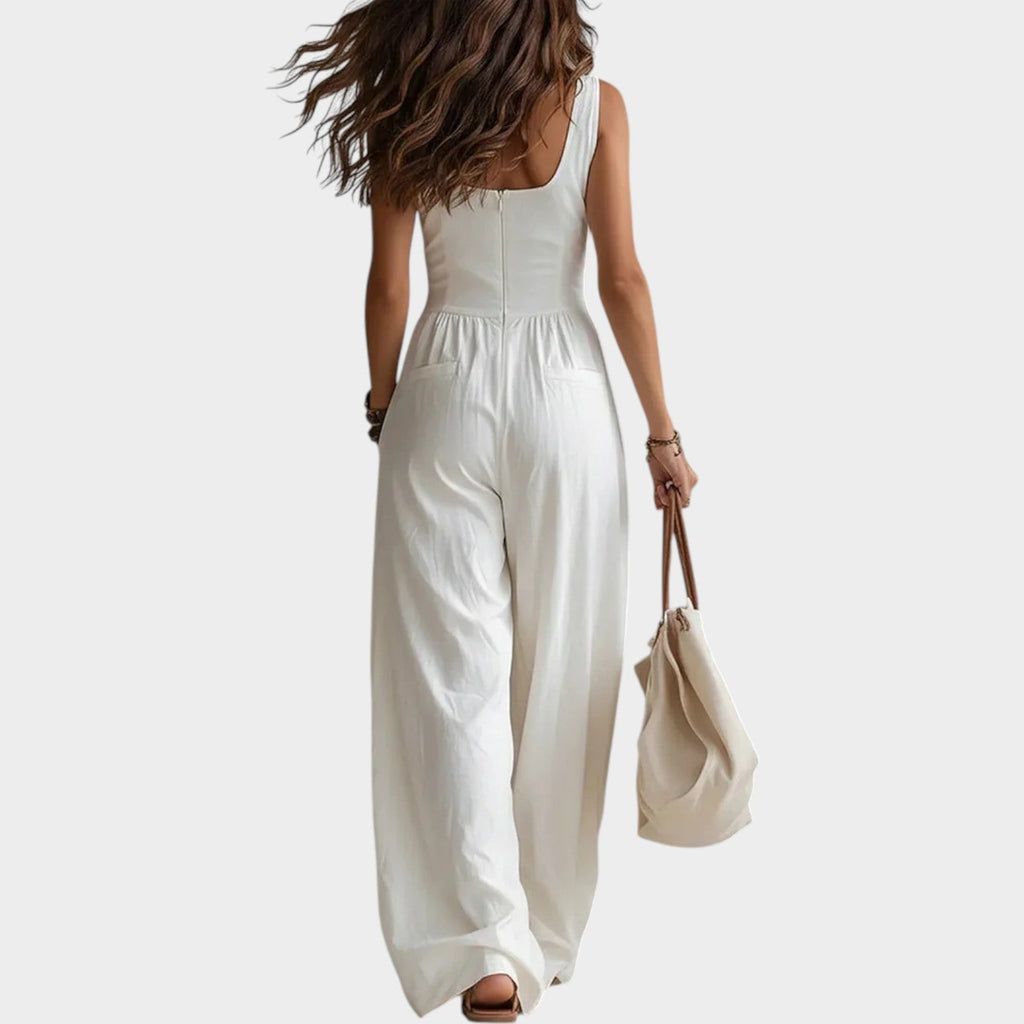 Button Front Wide Leg Jumpsuit with Deep V Neckline
