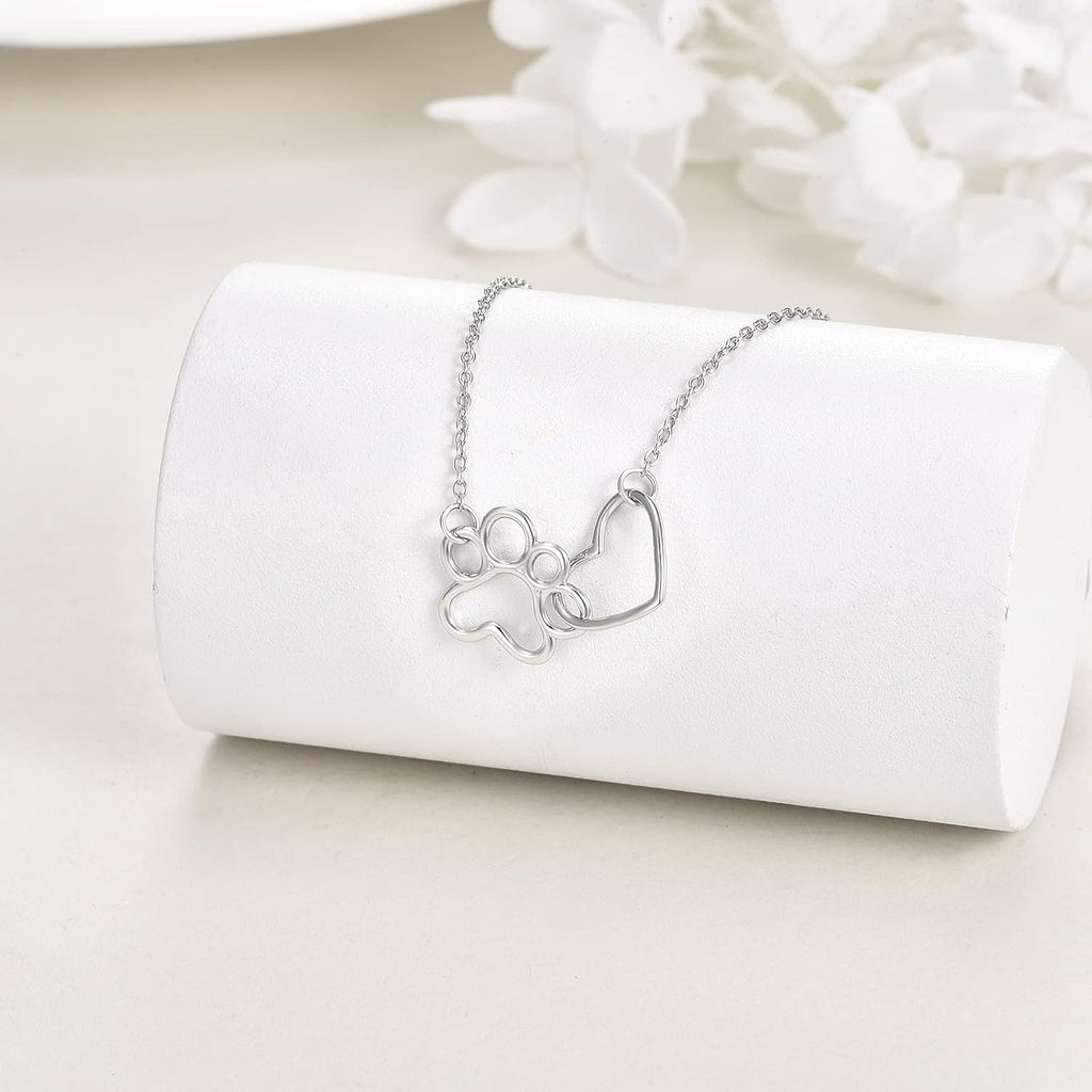 Paw Print Necklace with Crystal Heart Pendant in Silver Colour
