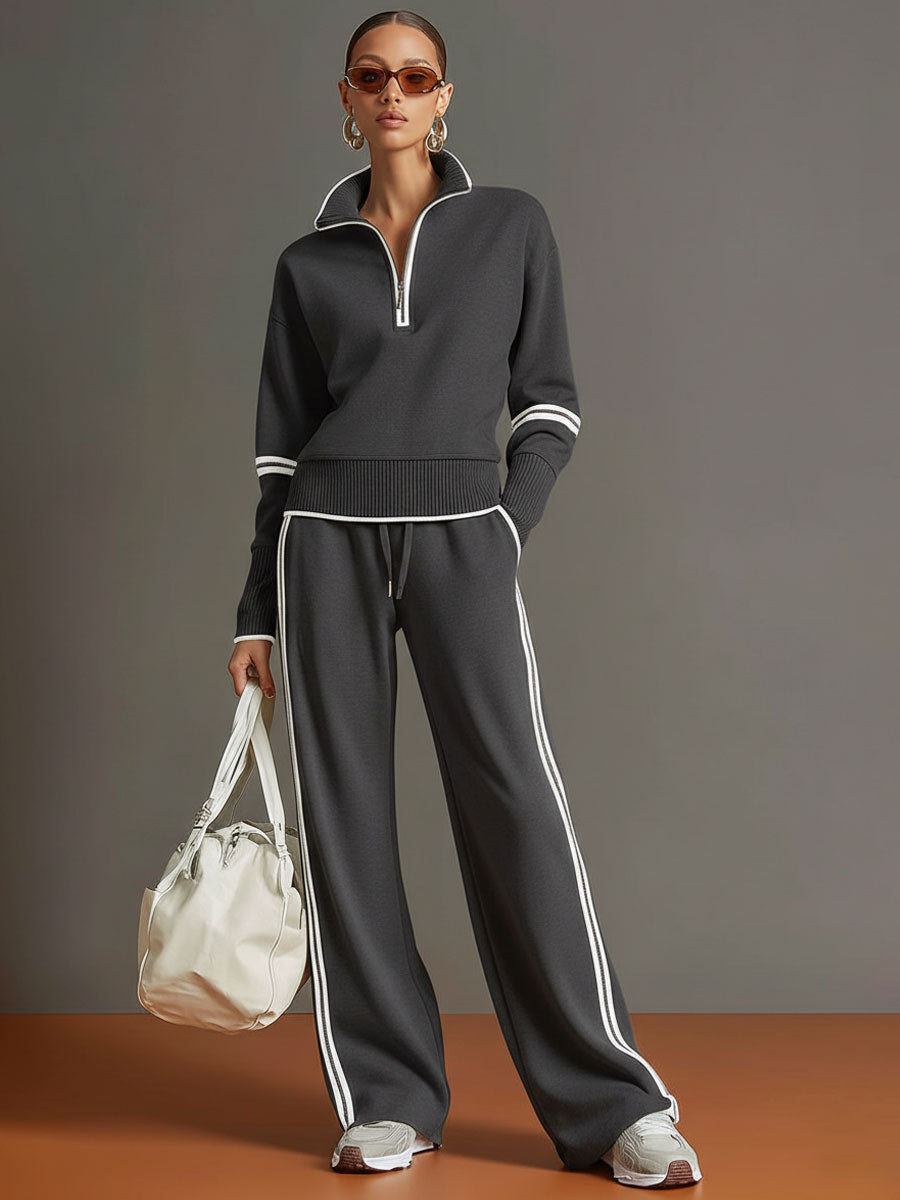 Striped Two Piece Set with Blouse and Wide Leg Trousers