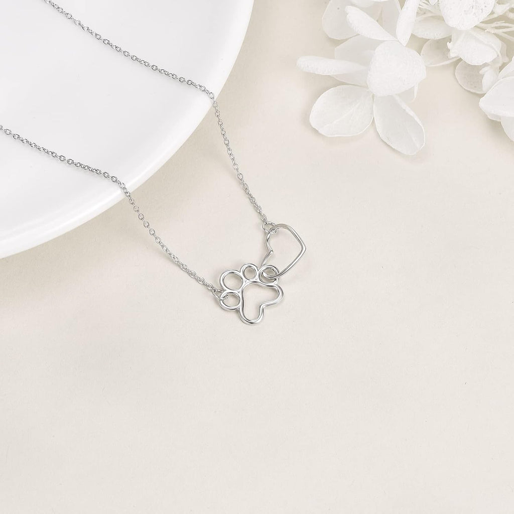 Paw Print Necklace with Crystal Heart Pendant in Silver Colour