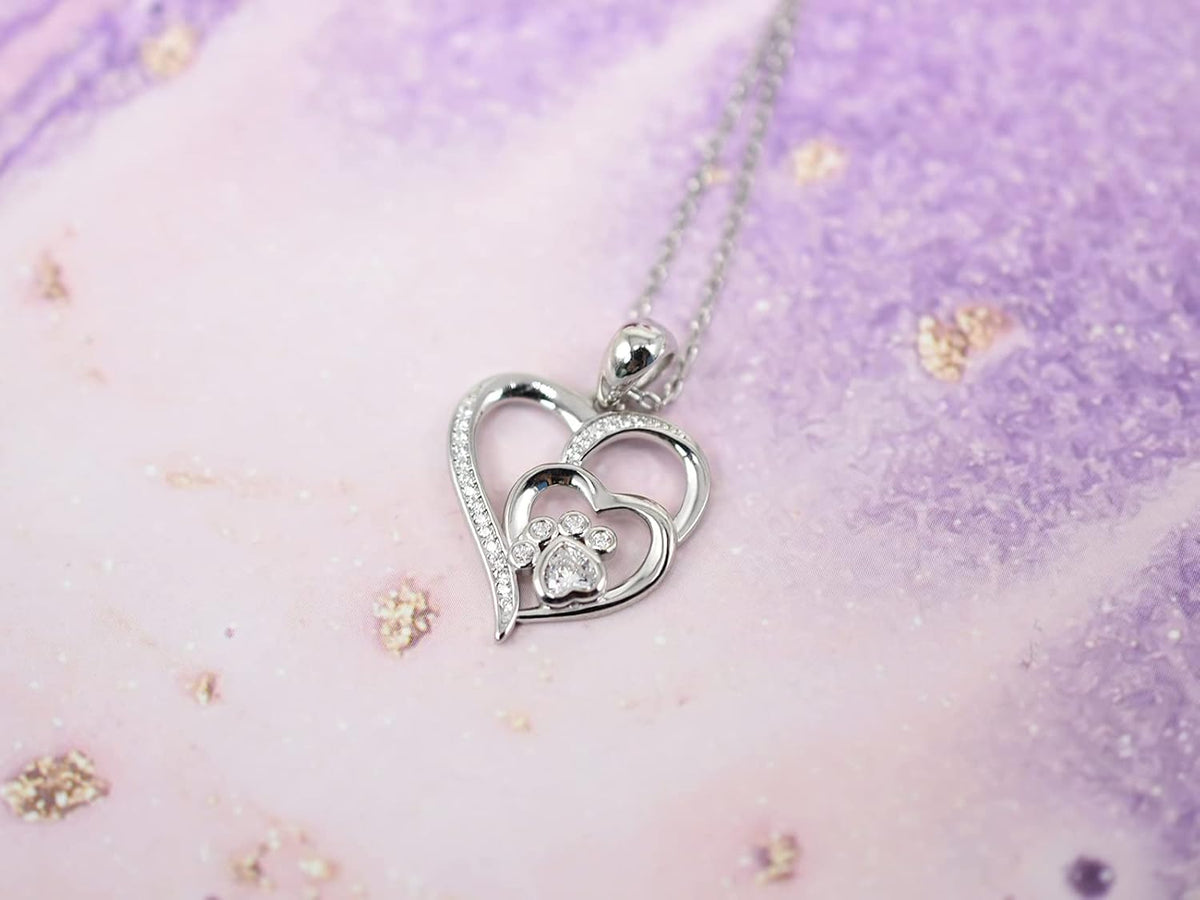 Paw and Heart Pendant Necklace with Cubic Zirconia in Silver Colour