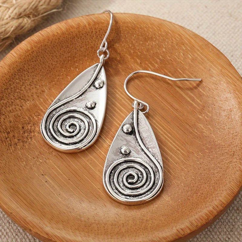 Vintage Spiral Teardrop Sun Earrings in Silver Colour