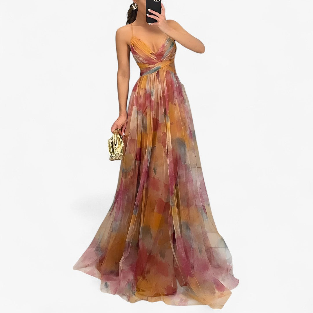 Vestido largo con estampado de acuarela en tejido ligero y fluido