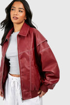Oversized Leather Look Jacket in Bold Red