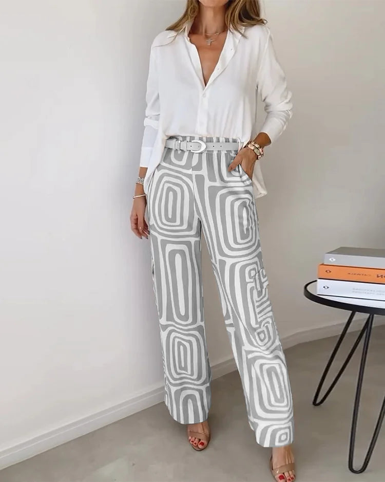 Checked Two Piece Set with Blouse and Coordinated Trousers