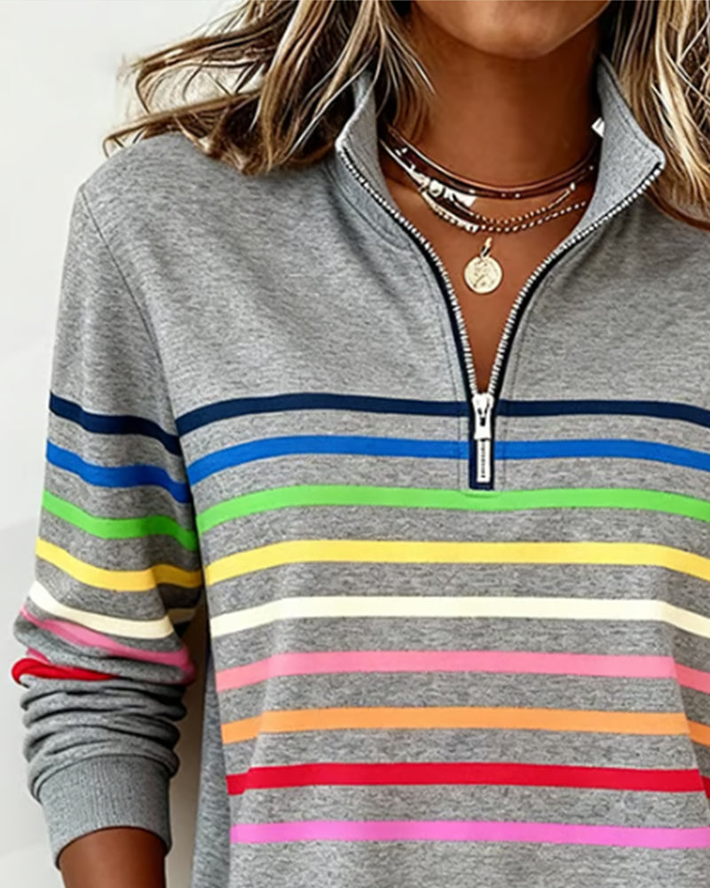 Half Zip Sweatshirt with Stand Collar and Stripe Detail