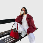 Oversized Leather Look Jacket in Bold Red