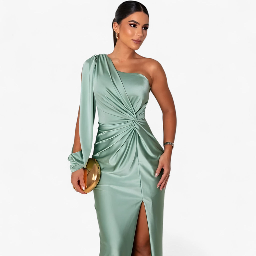 Asymmetric One-Shoulder Satin Dress with Front Knot