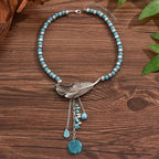 Vintage Bohemian Blue-Green Bead Leaf Pendant Necklace