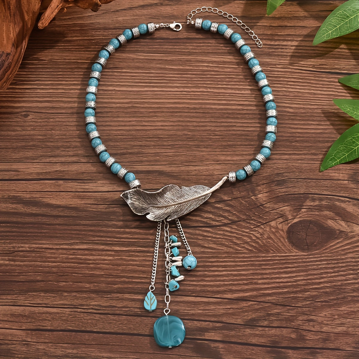 Vintage Bohemian Blue-Green Bead Leaf Pendant Necklace