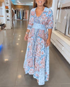 V-Neck A-Line Maxi Dress with Adjustable Tie Waist