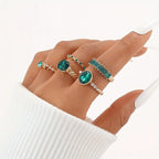 Green Stone Stacking Ring Set with Crystal Accents