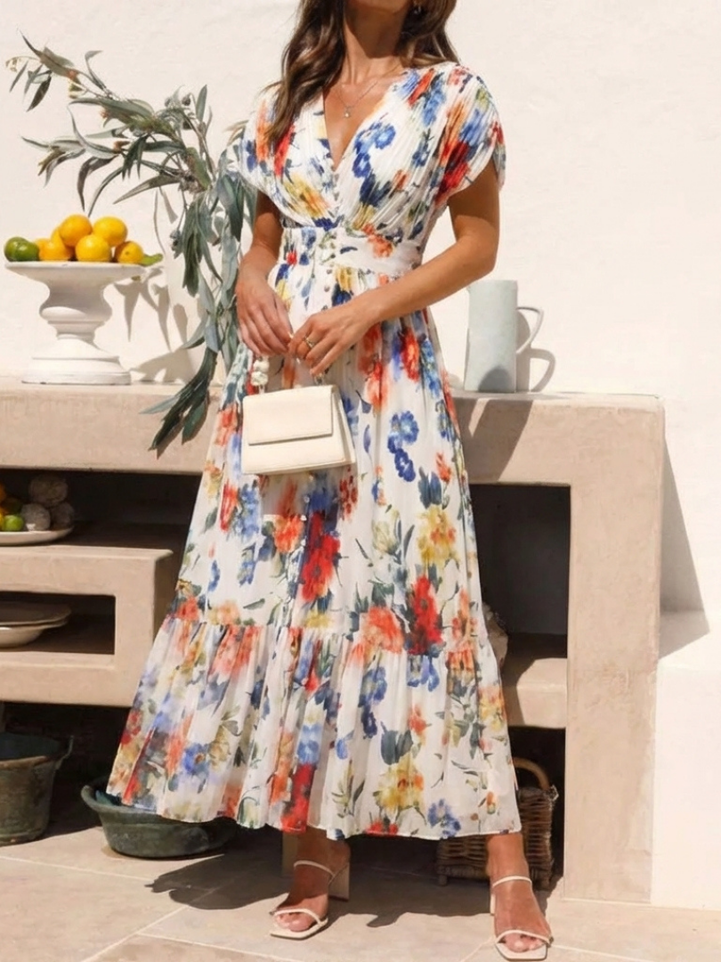 Vestido midi floral plisado con escote de pico