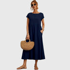 Casual Midi Dress with Short Sleeves and Pockets