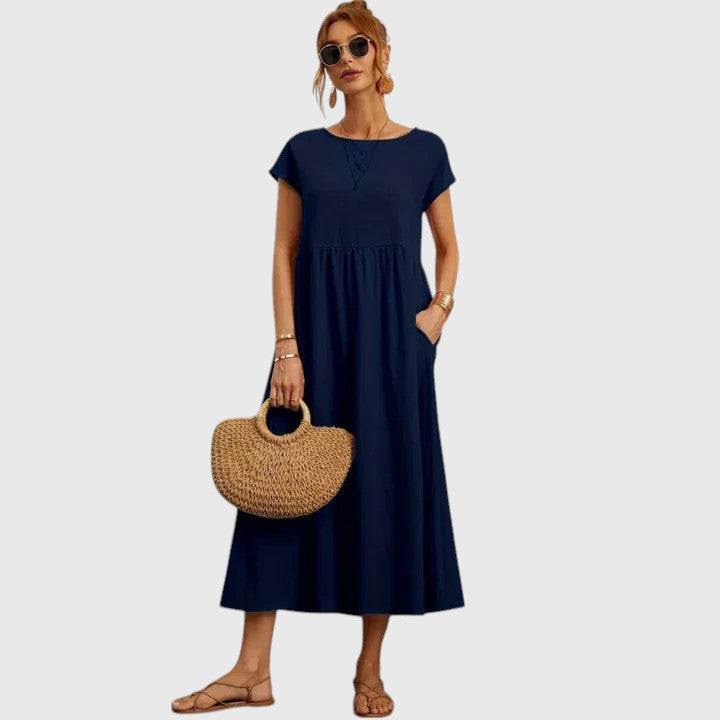 Casual Midi Dress with Short Sleeves and Pockets