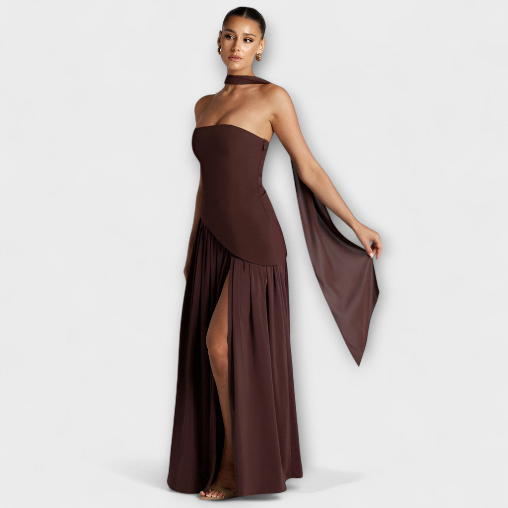 Strapless Maxi Dress with Contrast Bodice and Side Slit