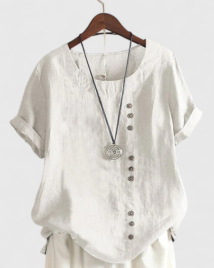 Short Sleeve Button Down Blouse with Round Neckline