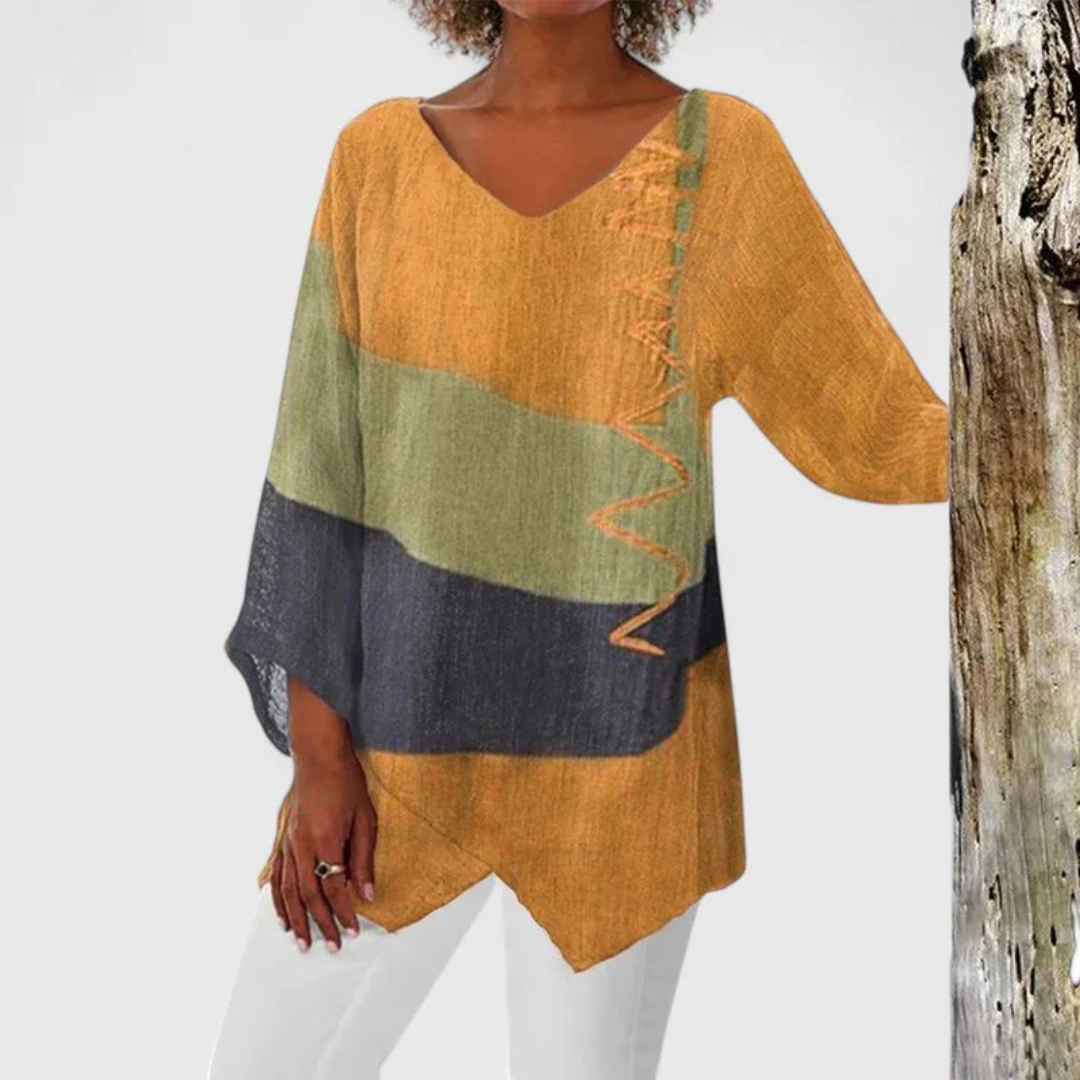 V-Neck Tunic with Brushstroke Print and Asymmetric Hem