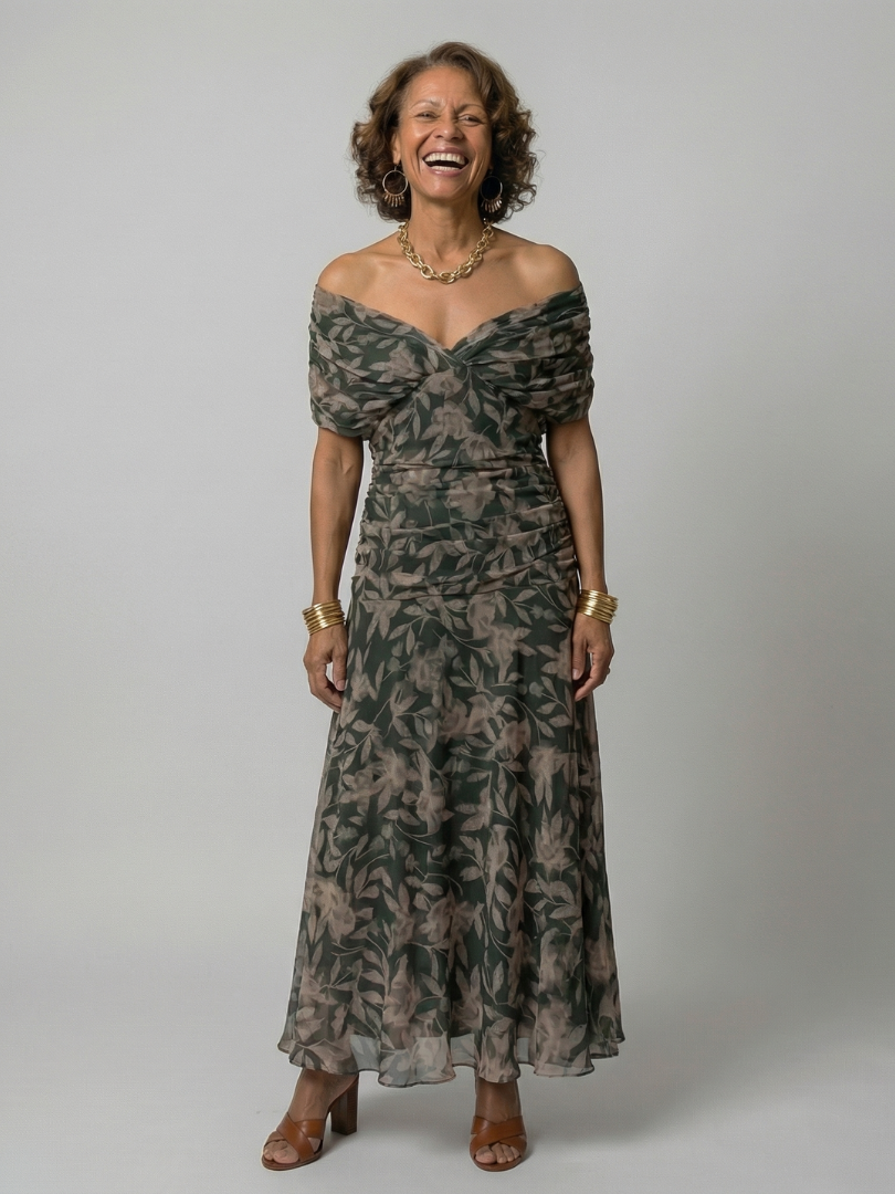 Off Shoulder Midi Dress with Draped Neckline