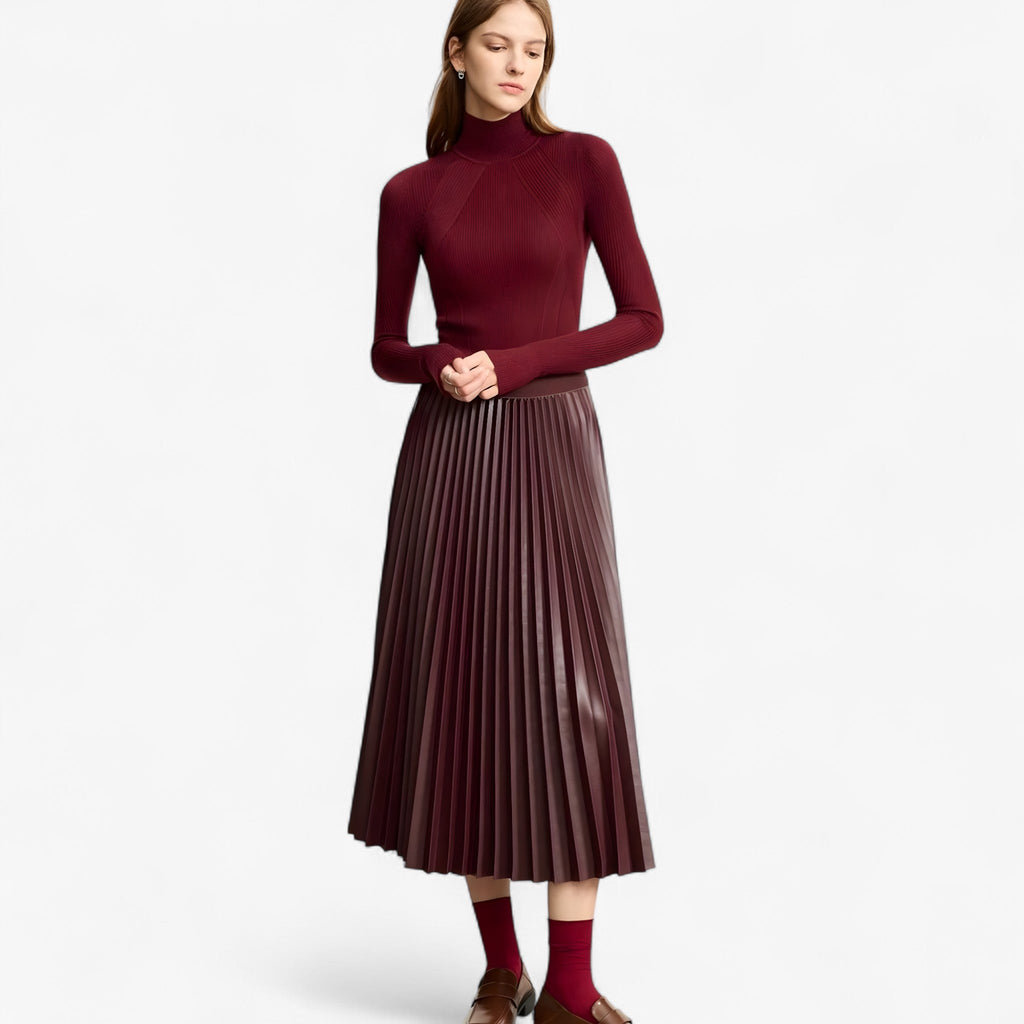 Pleated Eco-Leather Skirt with Elastic Waist for Day to Night