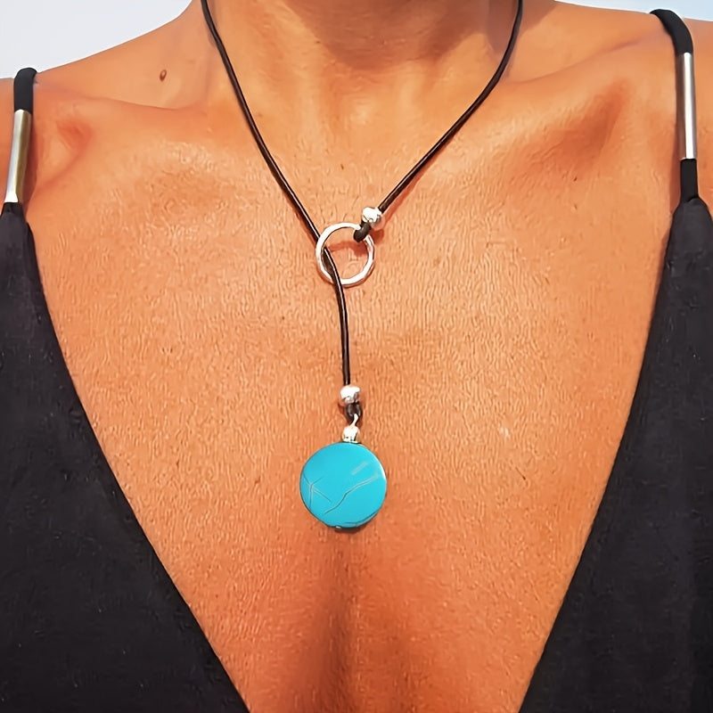 Vintage Boho Blue-Green Stone Pendant with Multicolour Detail