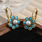 Blue-Green Stone and Faux Pearl Flower Earrings in Gold Colour