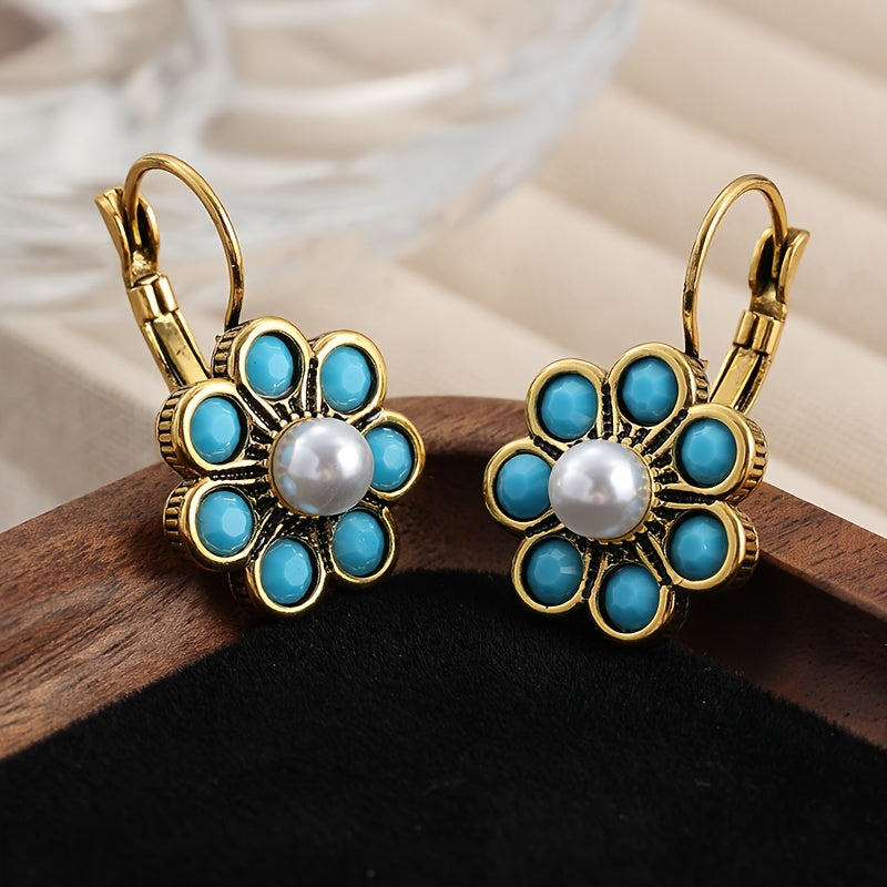 Blue-Green Stone and Faux Pearl Flower Earrings in Gold Colour